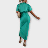 Sable ™ ｜Pevný saténový maxi šaty s V-výstrihom a krížovým uzlom