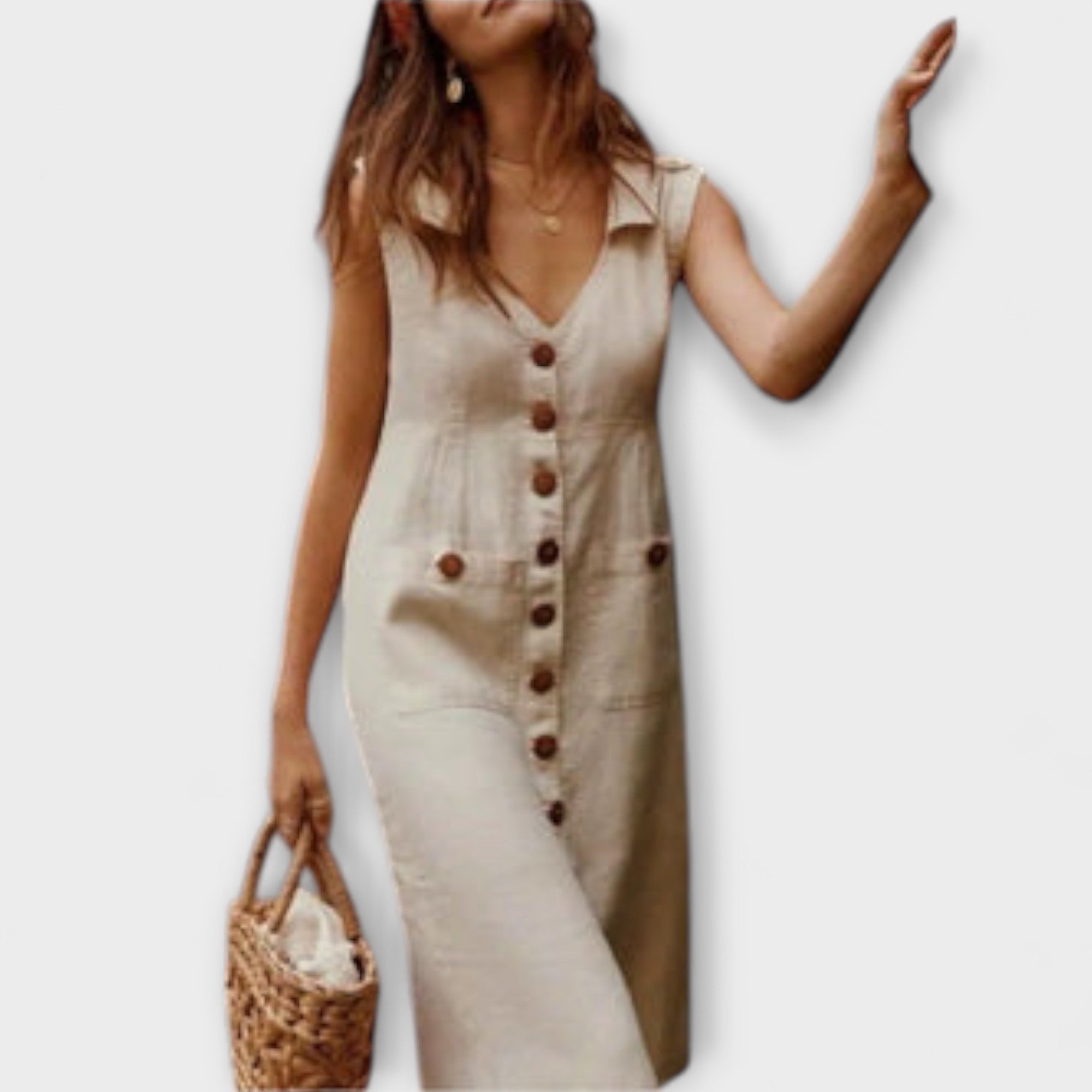 Nora ™ ｜A-línia šaty z bavlny a ľanu s preloženým golierom