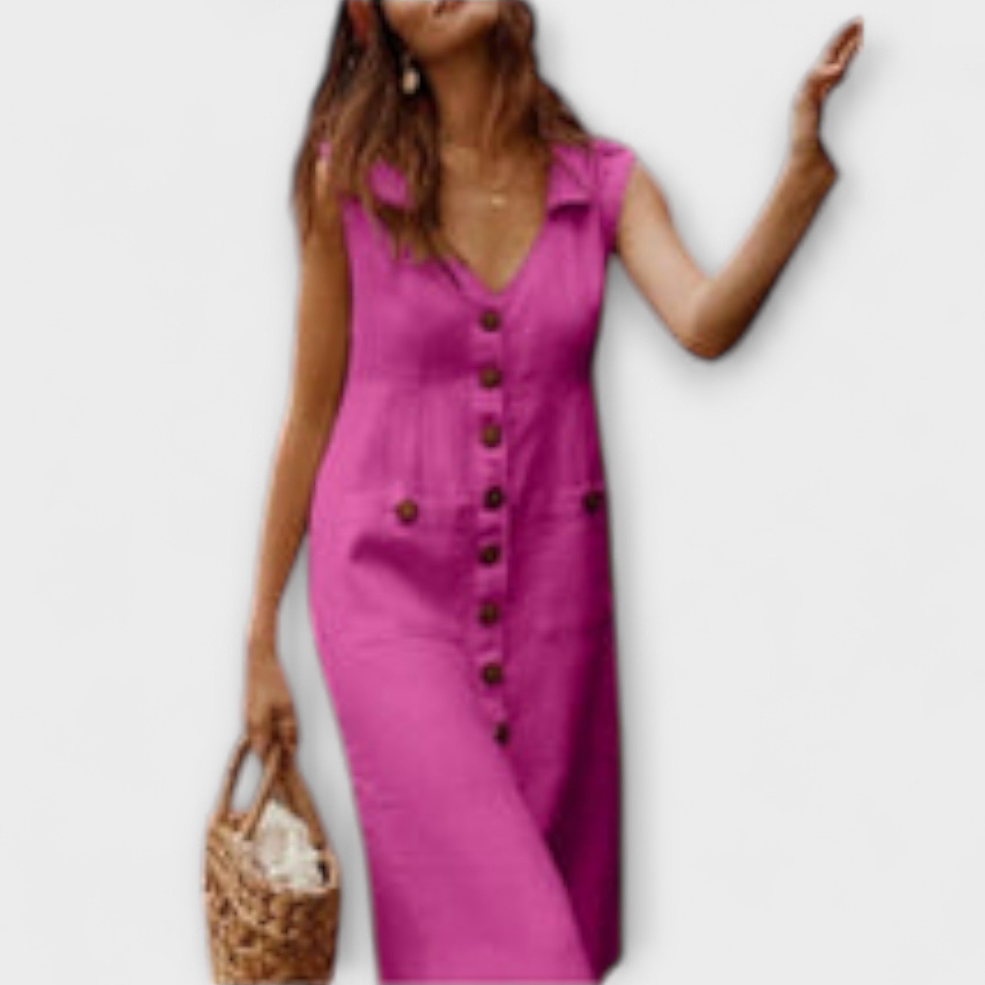 Nora ™ ｜A-línia šaty z bavlny a ľanu s preloženým golierom