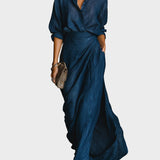 Anita™| Elegantný komplet košele a dlhej sukne zo zmesi bavlny a ľanu v tmavomodrej farbe