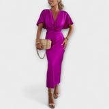 Sable ™ ｜Pevný saténový maxi šaty s V-výstrihom a krížovým uzlom