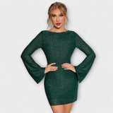 Michaela ™ ｜Šaty bez chrbta s flitrami a dlhými rukávmi