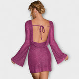 Michaela ™ ｜Šaty bez chrbta s flitrami a dlhými rukávmi